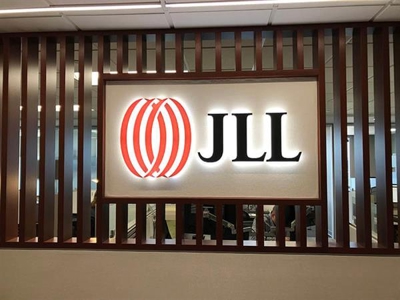 Lit lobby sign Photo